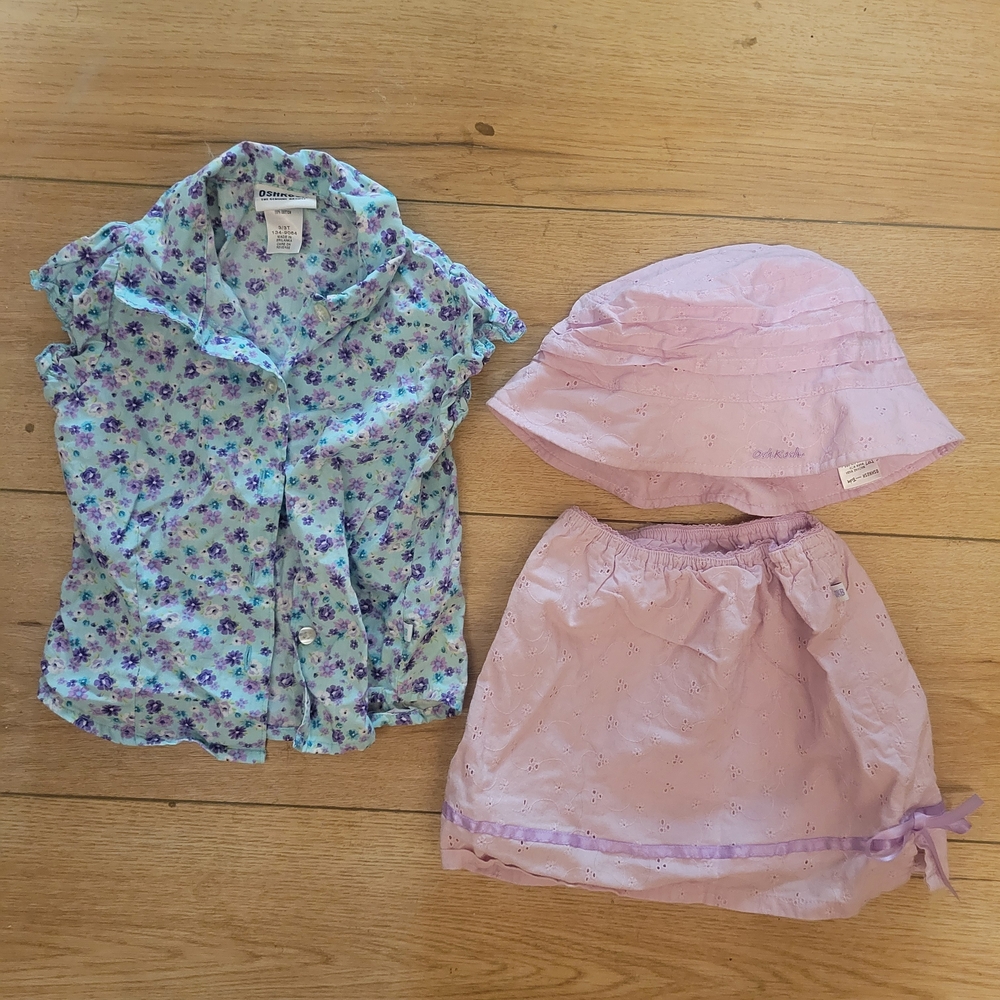 OshKosh B'gosh Blue Floral Button-Up Top with Lavender Skirt & Hat